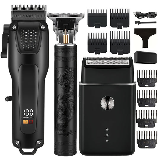 3-teiliges professionelles Haar- und Bartpflegeset für Herren – kabellose Haarschneidemaschine mit LED-Anzeige, Präzisionstrimmer-Set, wiederaufladbar über USB, für zu Hause, perfektes Weihnachtsgeschenk